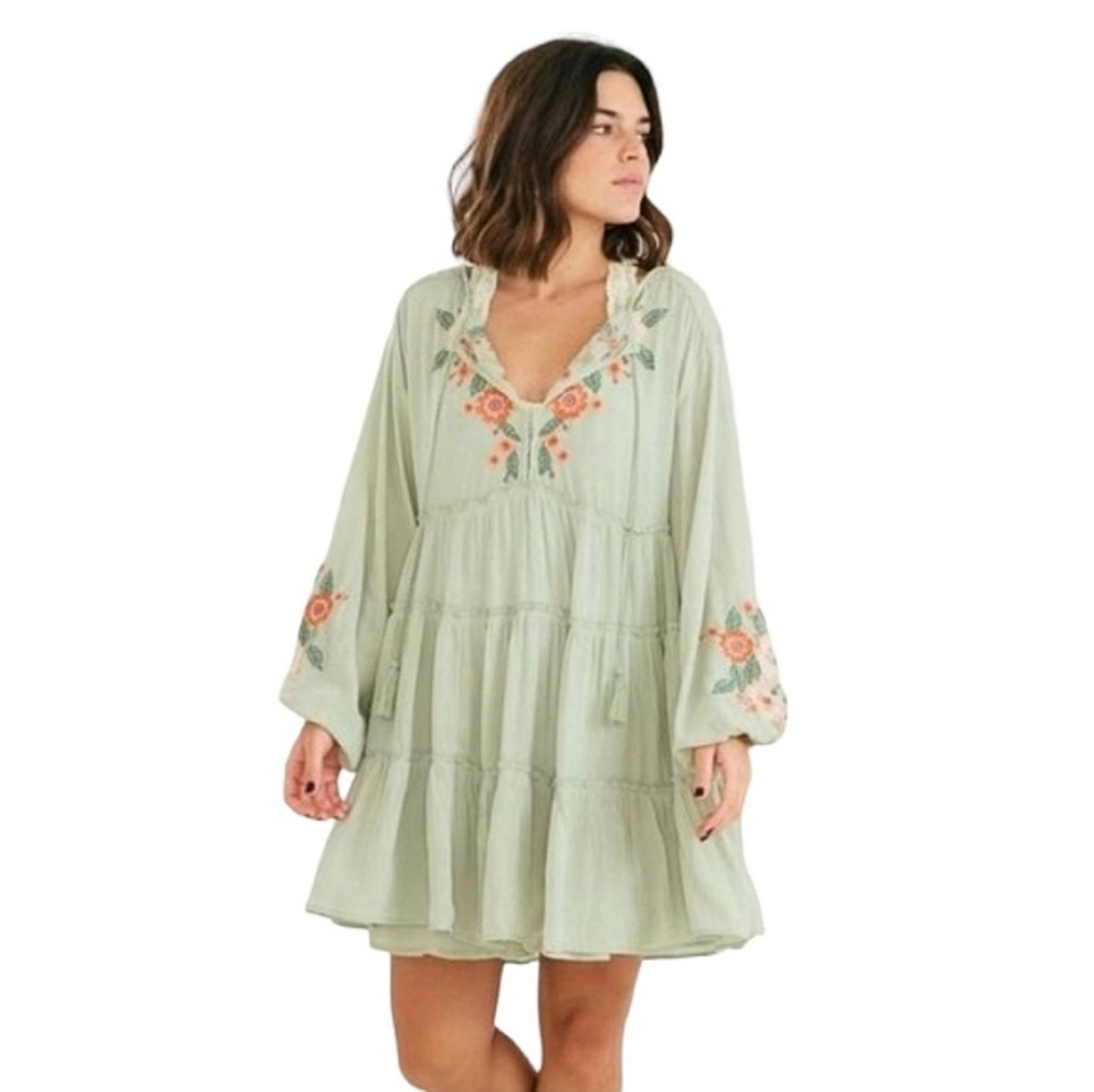 Free People Floral Embroidered Green Boho Dress